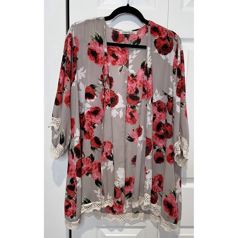 Liberty Love Womens Floral Open Front Kimono Cardigan Size 2XL Romantic Feminine